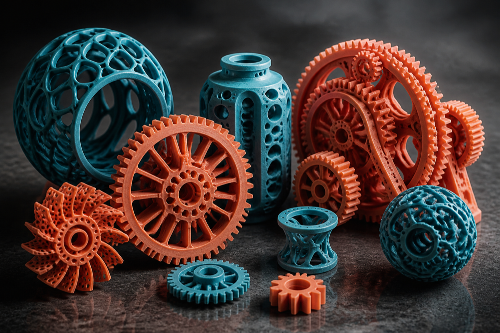 Coral and teal 3D printed gears